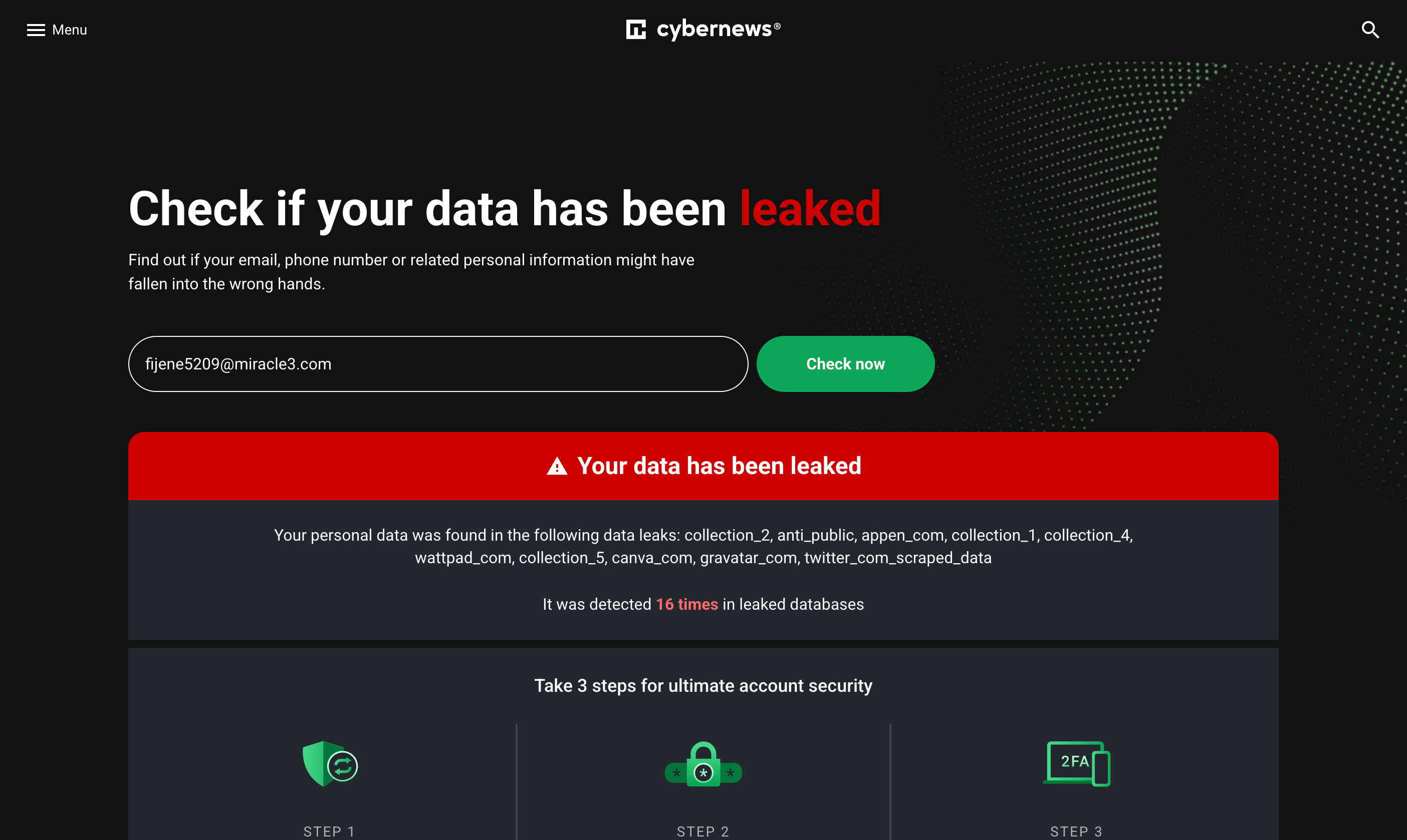 Checking if your data is on the dark web using Cybernews Personal Data Data