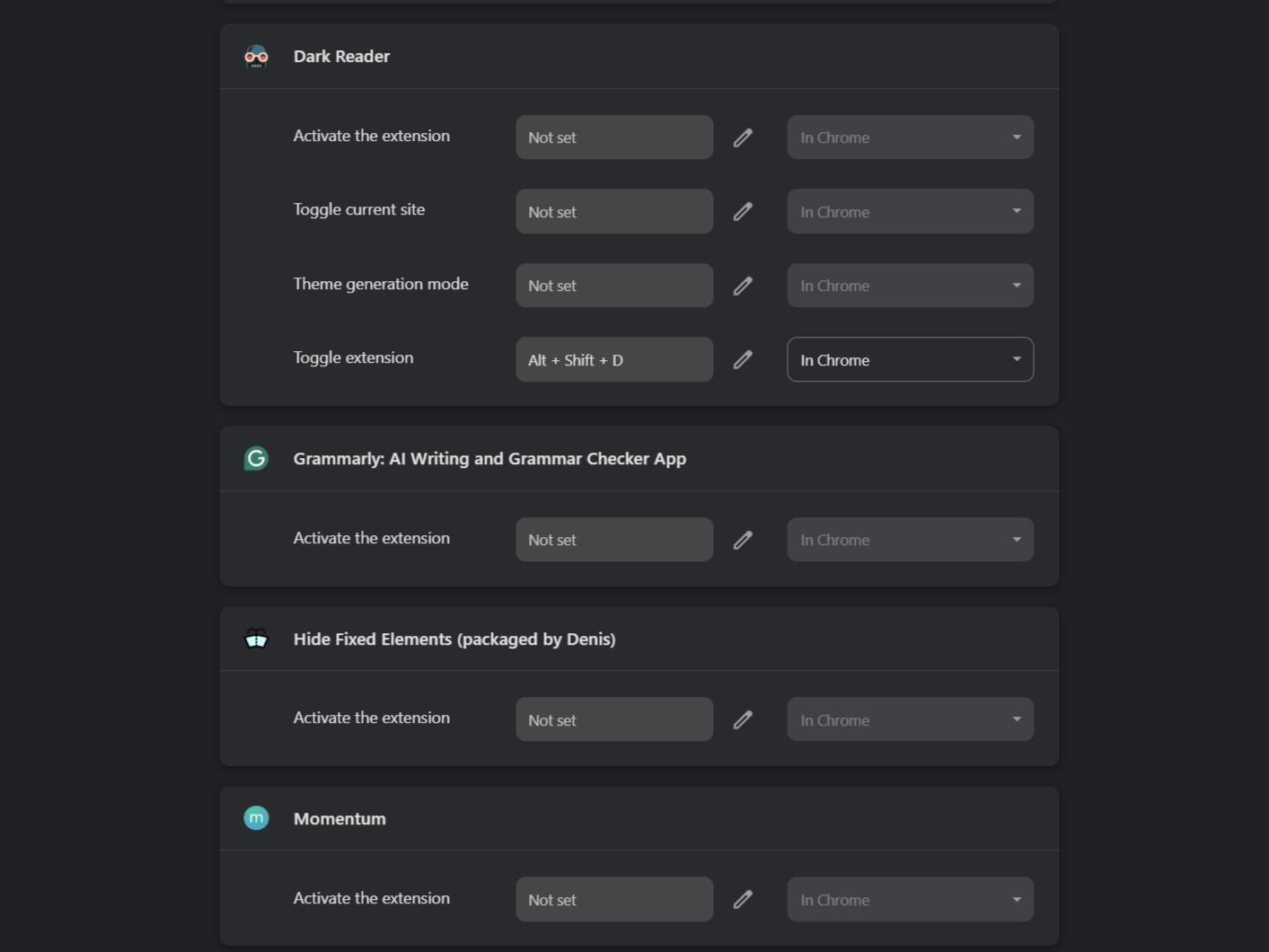 Chrome keyboard for the extent's actions.