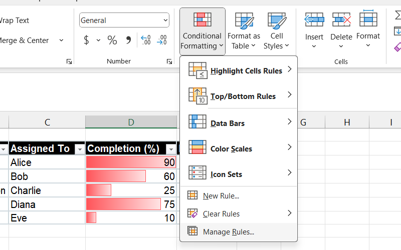 O "Gerenciar regras" Opção para formatação condicional no Excel.