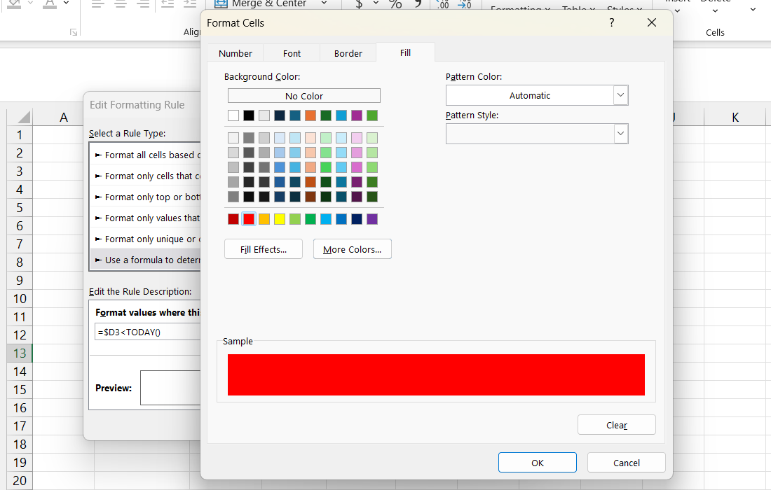 Definir a cor de preenchimento ao aplicar a formatação condicional no Excel.