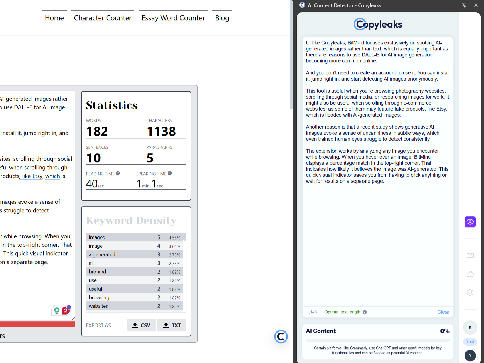Copyleaks sidebar with the previously highlighted text scanned as non-AI-generated.