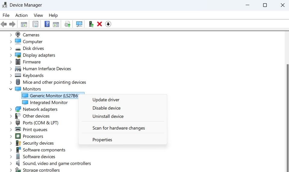 Device Manager showing update monitor driver option