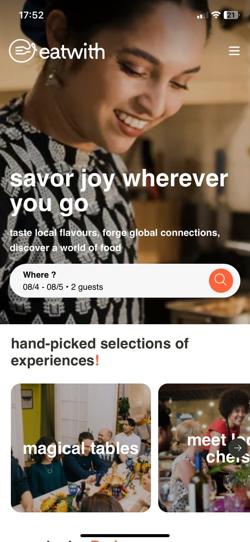 Главная страница приложения Eatwith