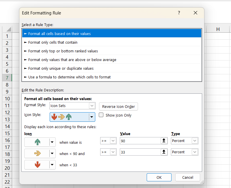 Editando a janela de regra de formatação do Excel.