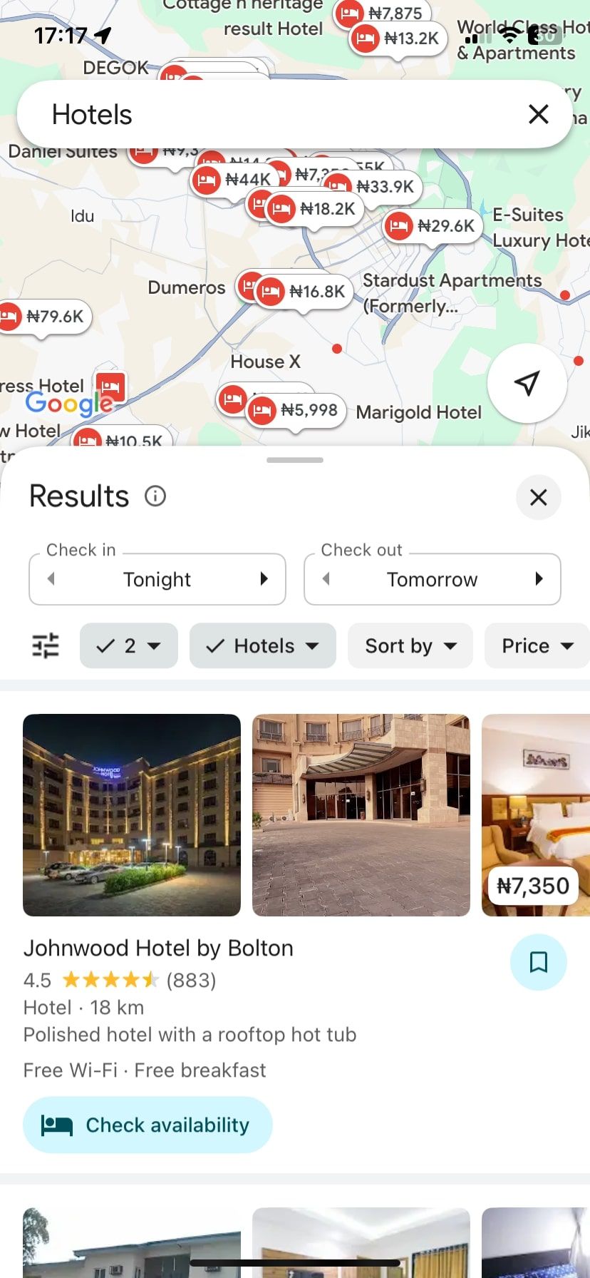 Google карта с отелями в Абудже