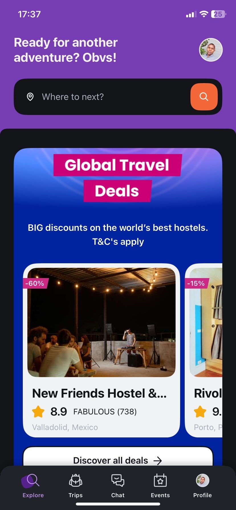 Главная страница приложения Hostelworld