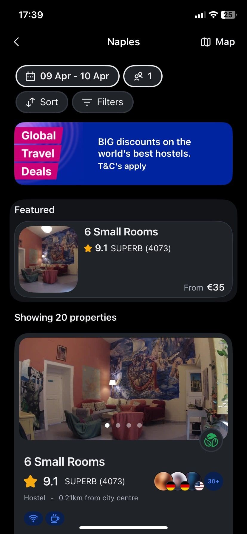 Страница поиска в Hostelworld