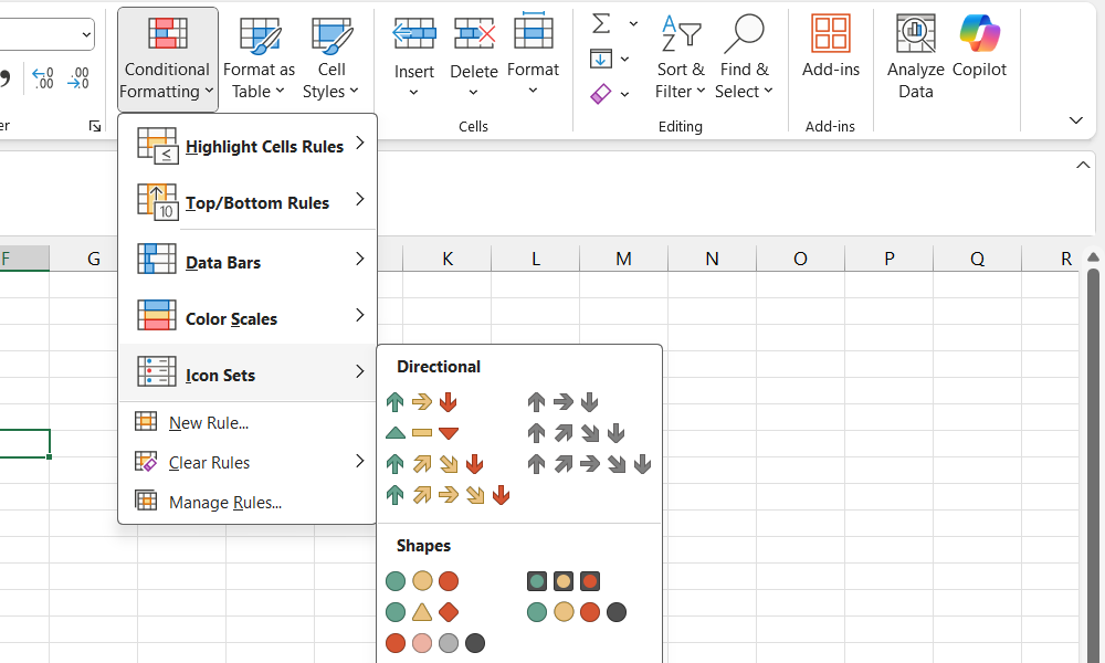 Escolhendo um ícone definido no Excel.