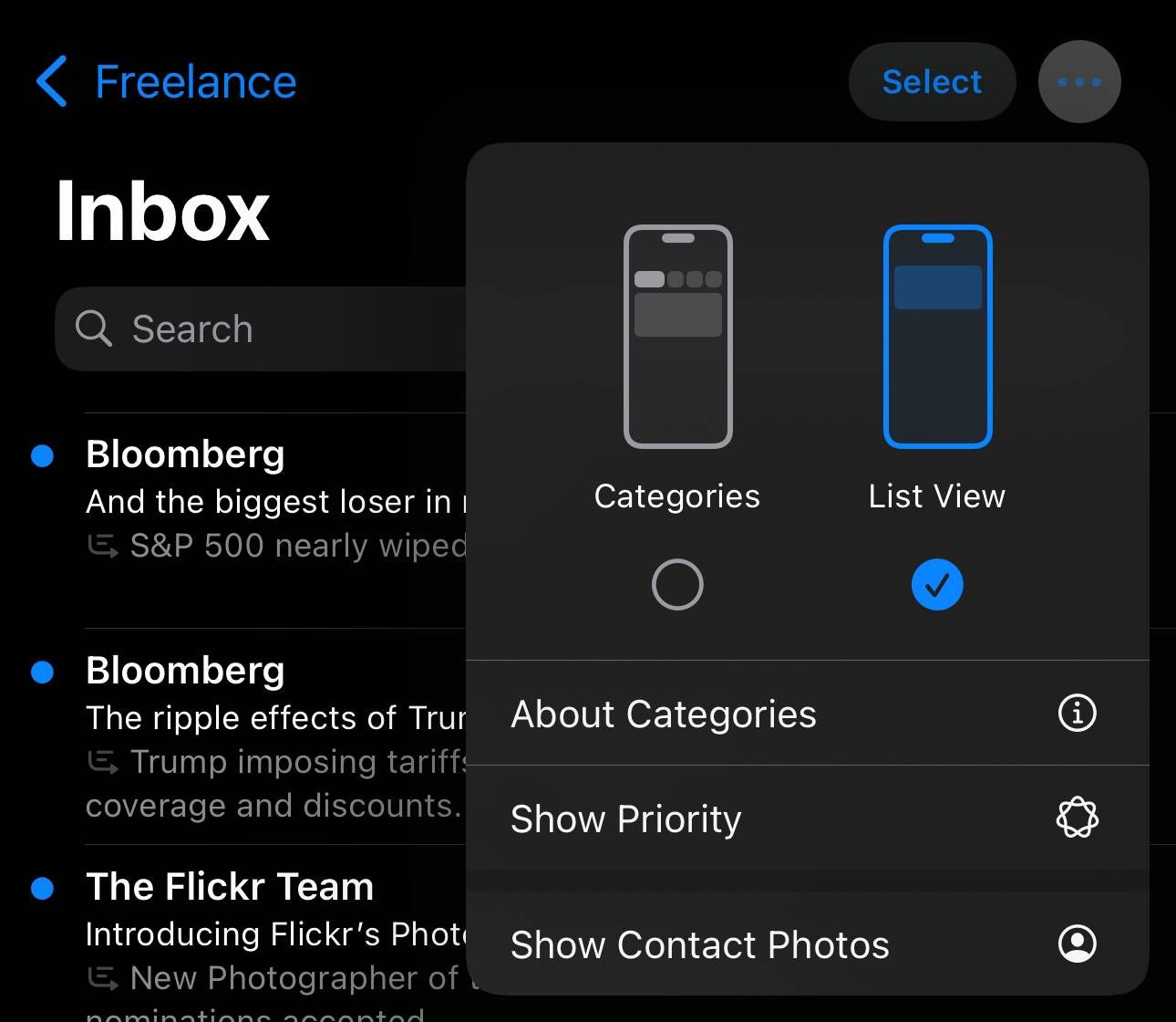 iOS Mail App in 18.5 beta 1 showing option to Show Contact Photos, Priority, and more