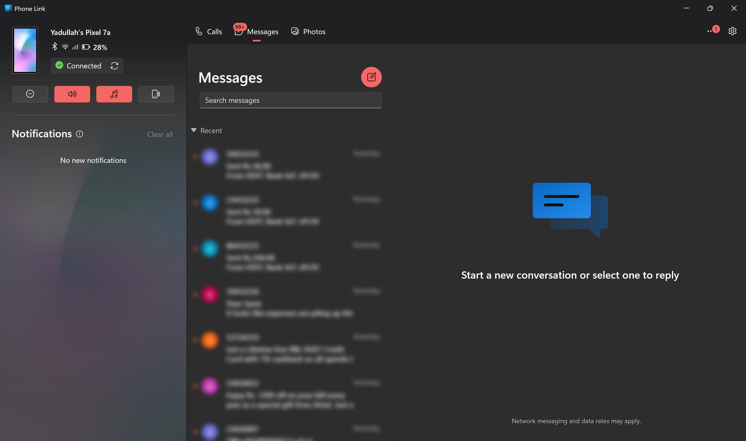 Messaging screen open on the Phone Link app