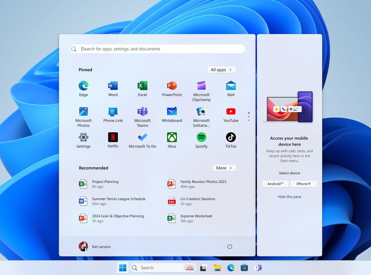 Phone Link appearing in the Windows Start menu