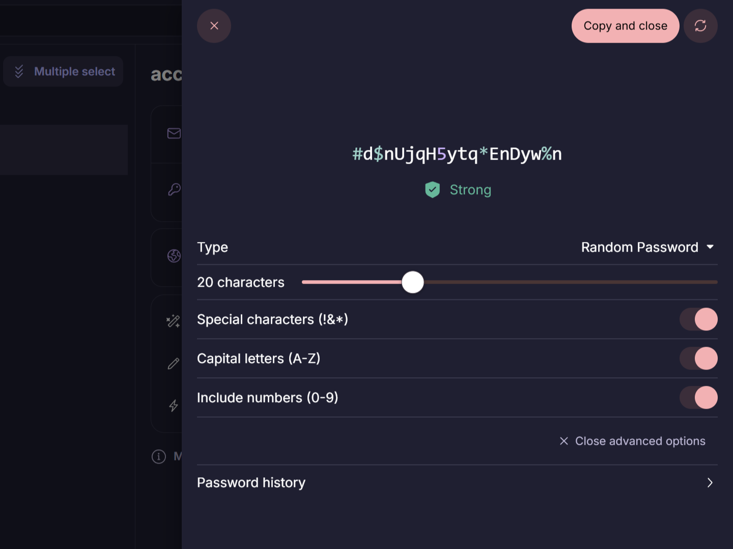 Random twenty character spassword generated in Proton Pass with advanced options selected.