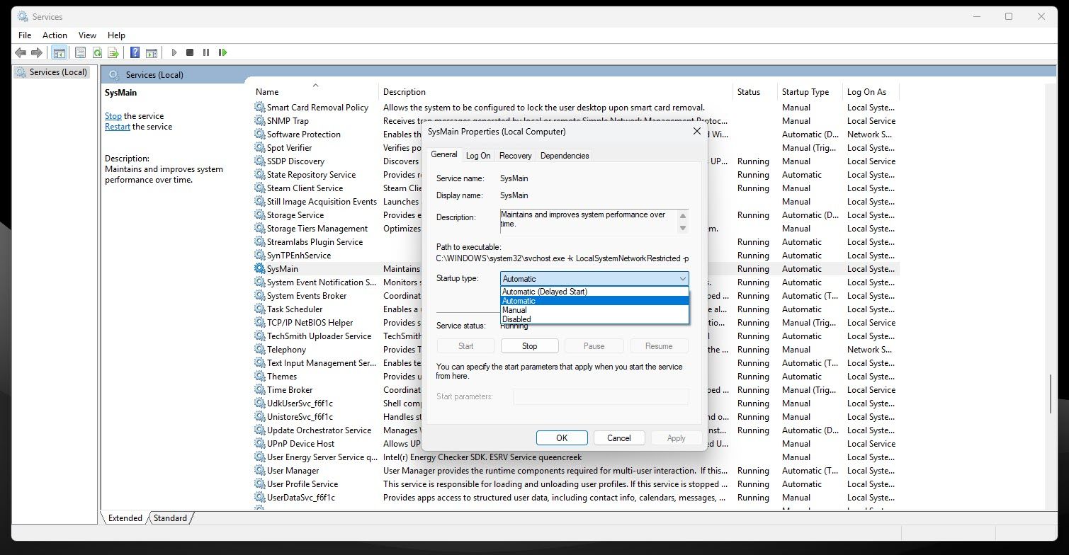 SysMain service properties in Windows Services.