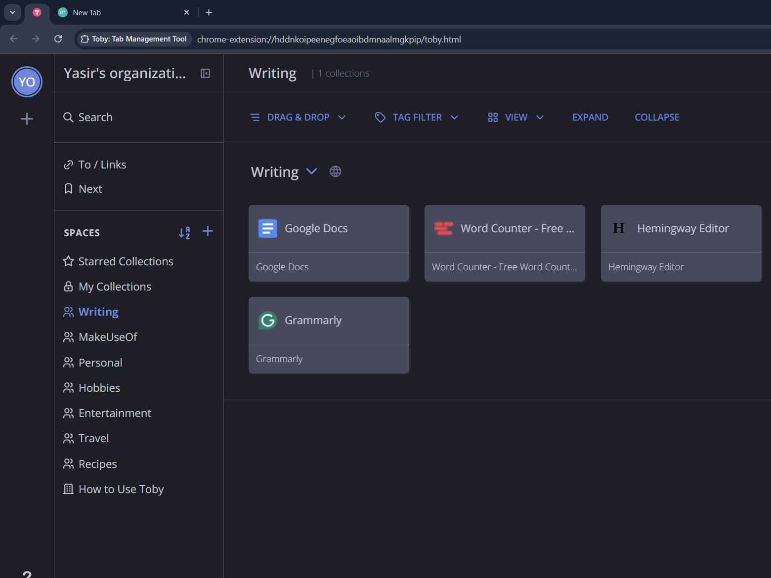 Toby Dashboard Geston showing tabs in the collection of writing.