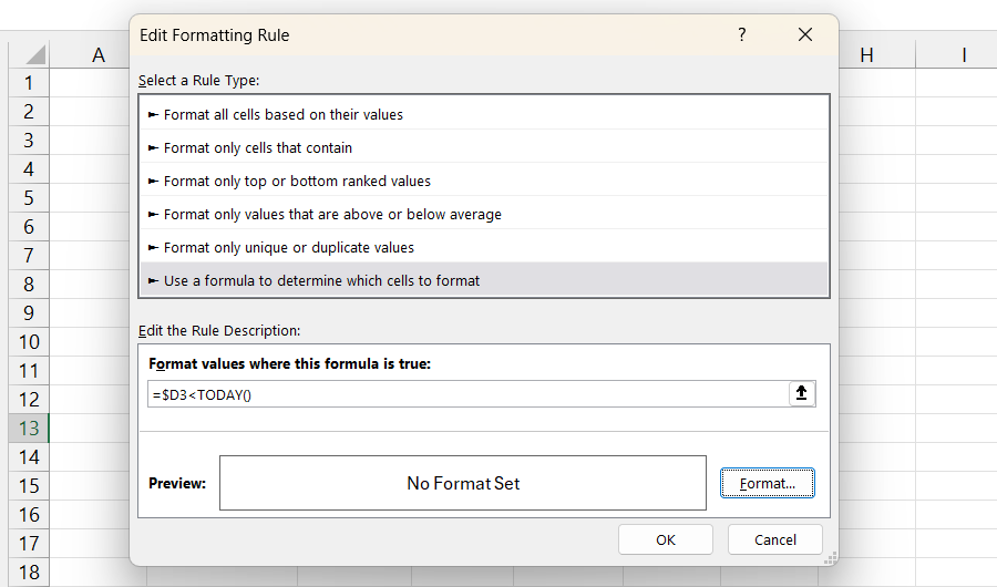 Uma fórmula de formatação condicional no Excel que verifica se as datas na coluna D são menores que a data atual.