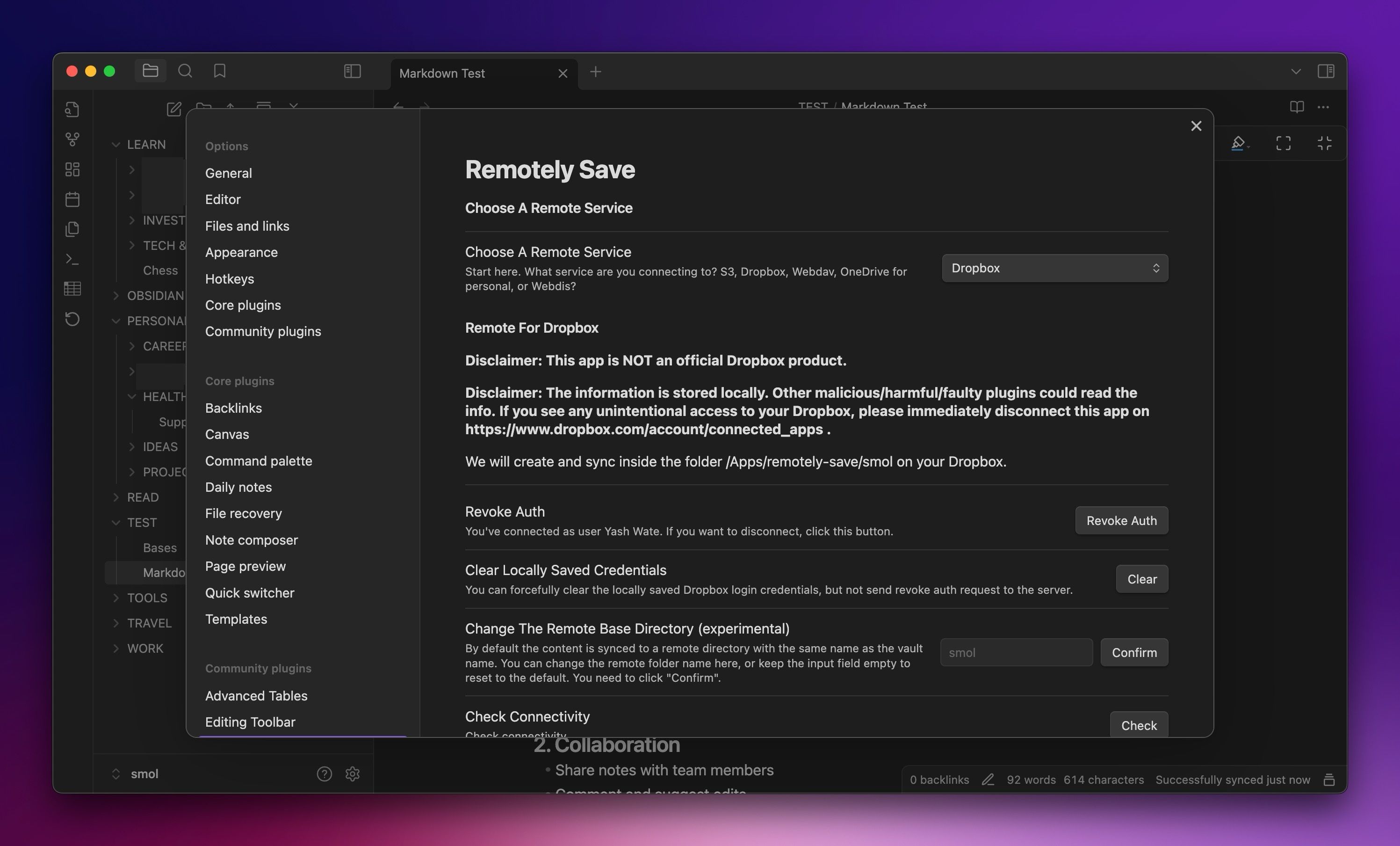 Remotely Save plugin setup screen in Obsidian on a Mac.