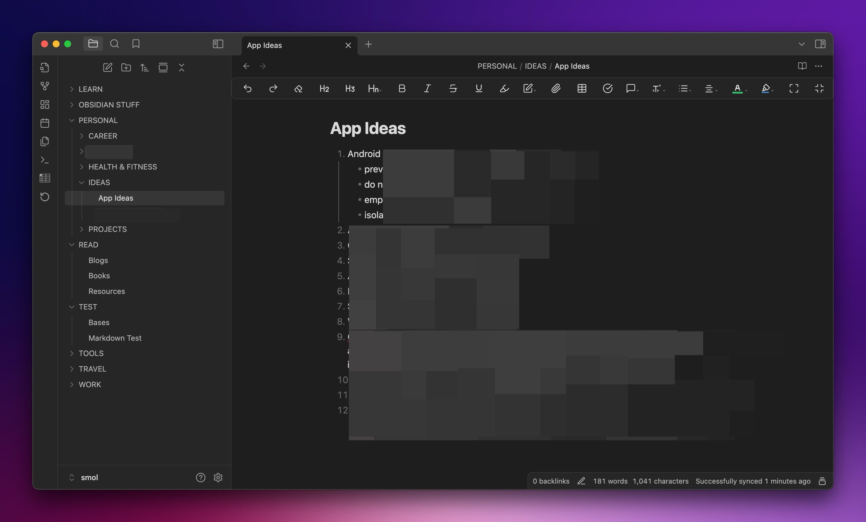 Folder structure in the Obsidian app on a Mac.