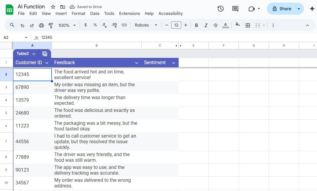Uma tabela de feedback do cliente nas folhas do Google