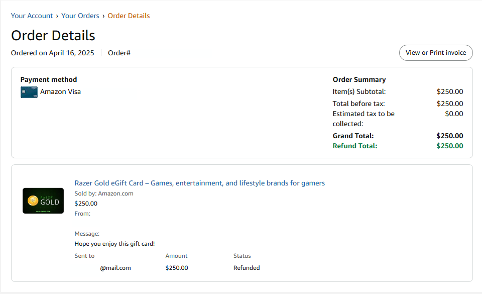 Amazon Fraud Gift Card Purchase Order Details