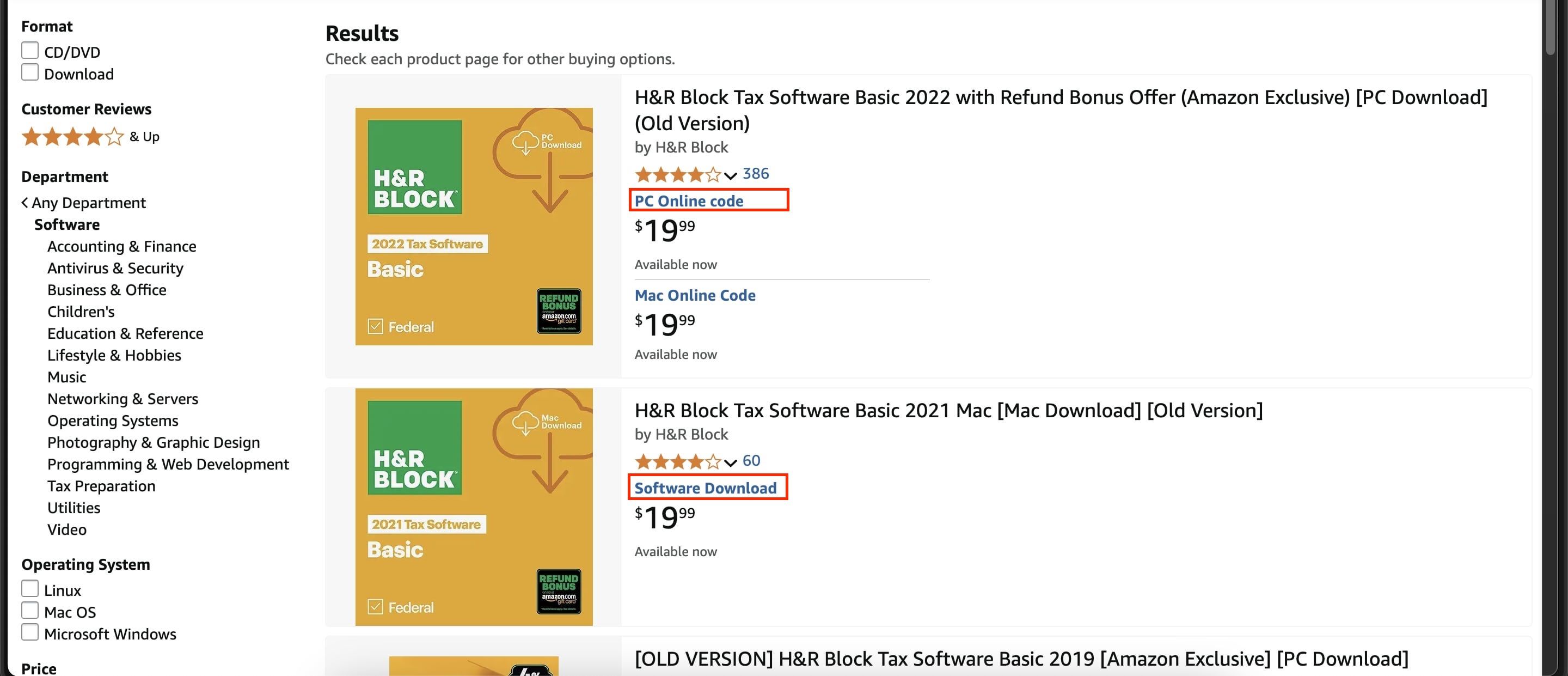 Amazon software listing highlighted with delivery mode