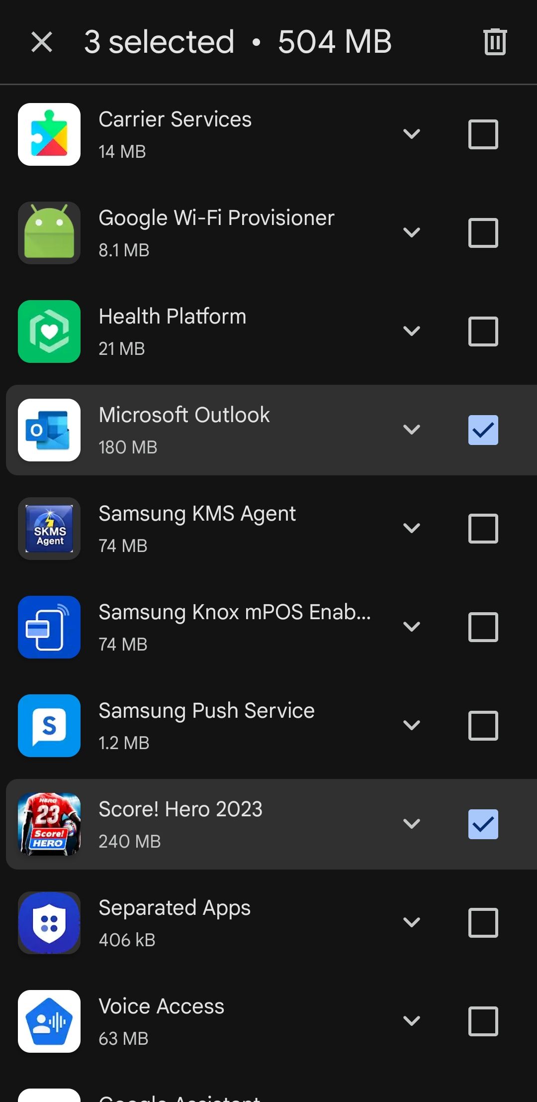 Apps selected in Play Store