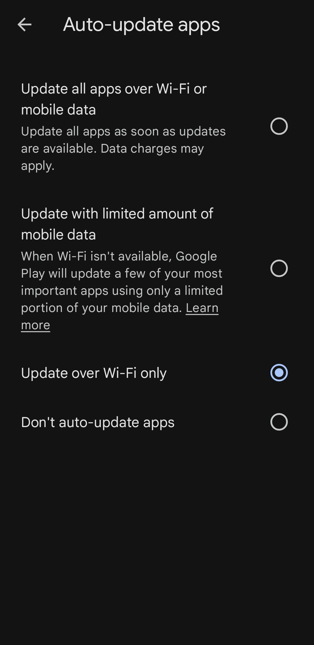Auto update apps menu in Play Store