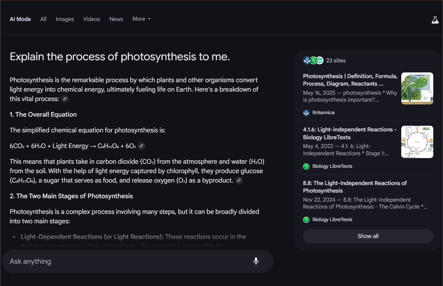 A screenshot of an answer provided by Google AI Mode to a generic prompt