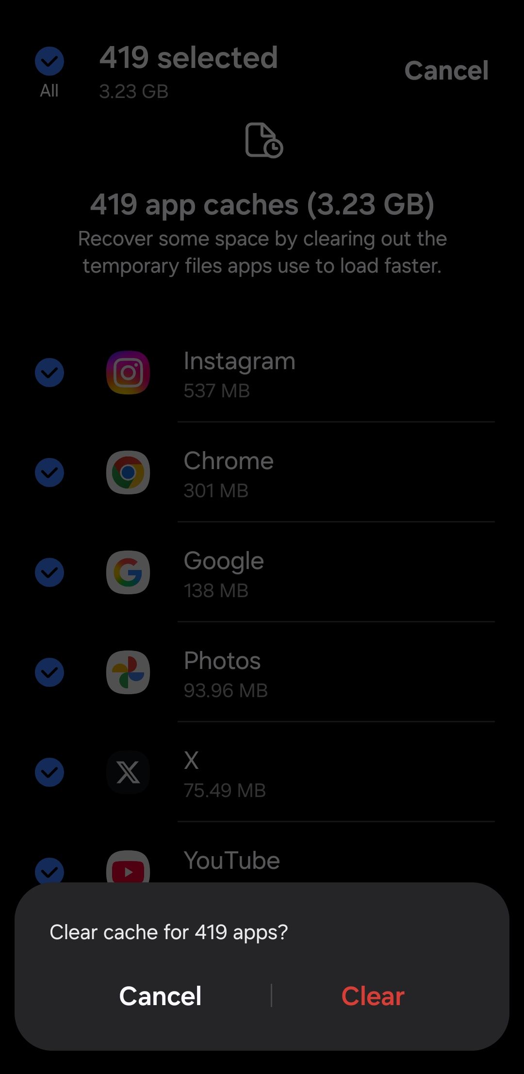Clear app cache prompt on Samsung phone