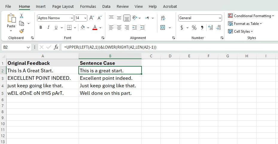 Convertendo texto em caso de frase no Excel