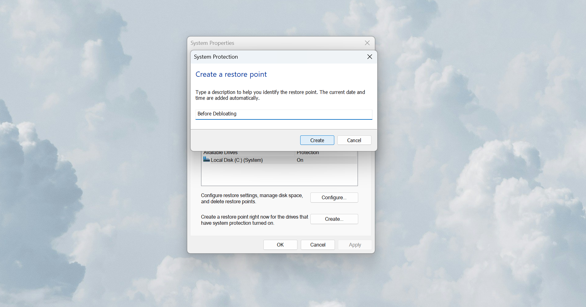 Backing up system before debloating