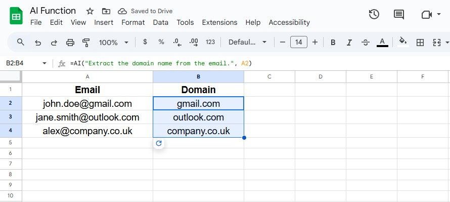 Extraindo Domianos de e -mail com IA no Google Sheets