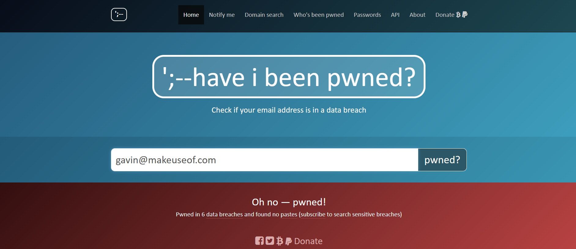 Have I Been Pwned search results interface