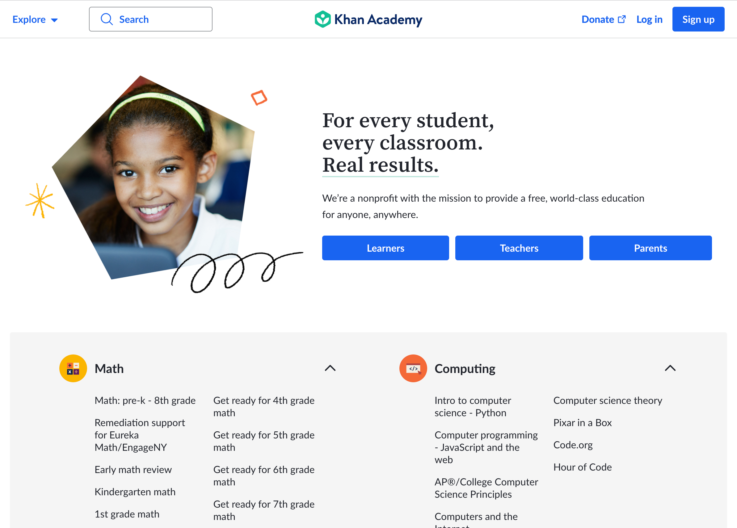 Khan Academy free course websites home page