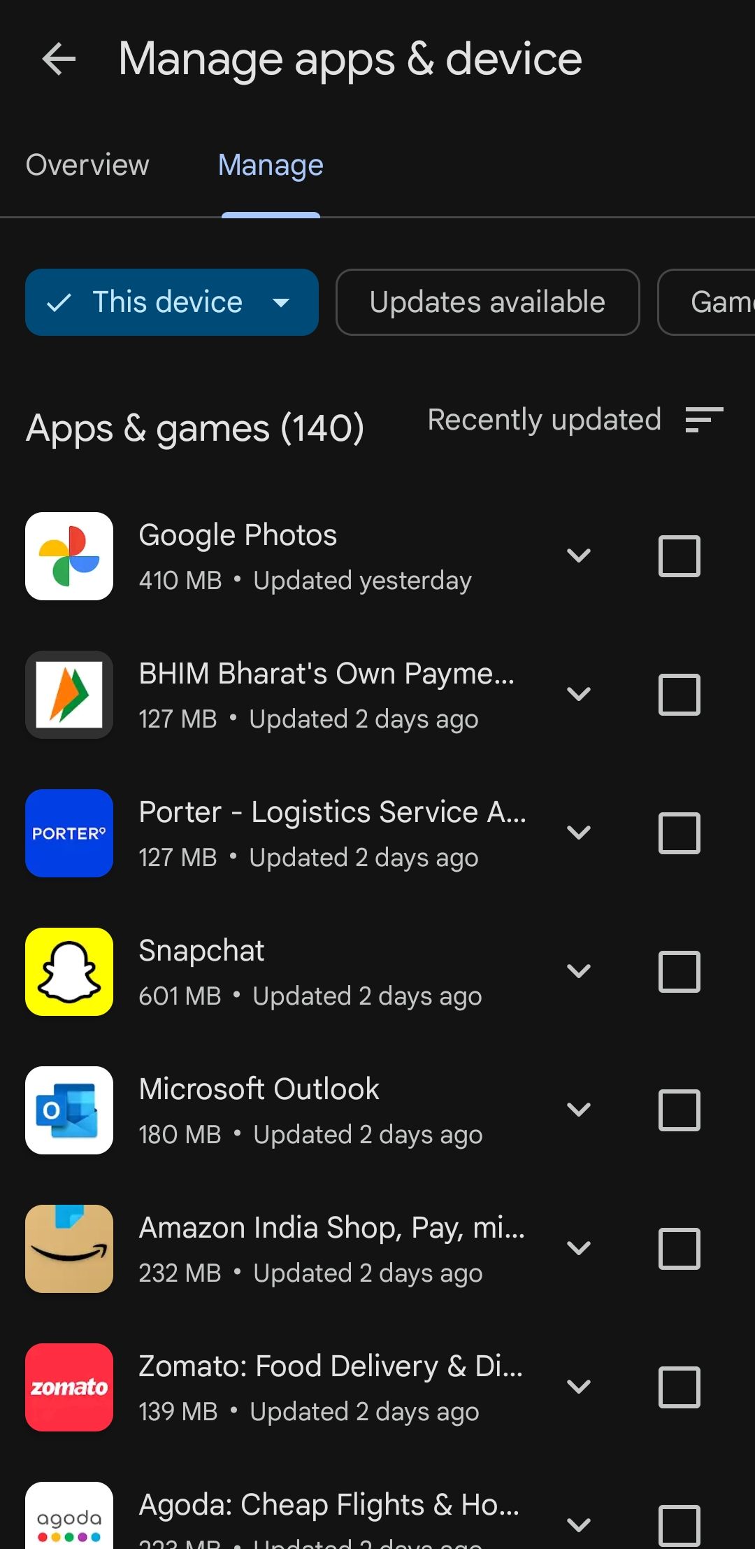 Manage apps and device menu on Play Store