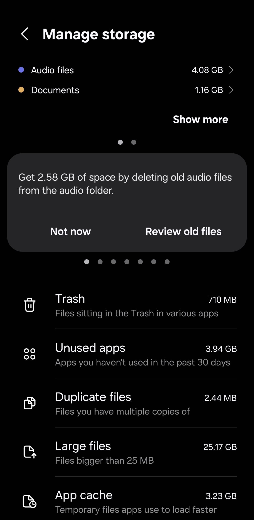Manage storage menu on Samsung phone