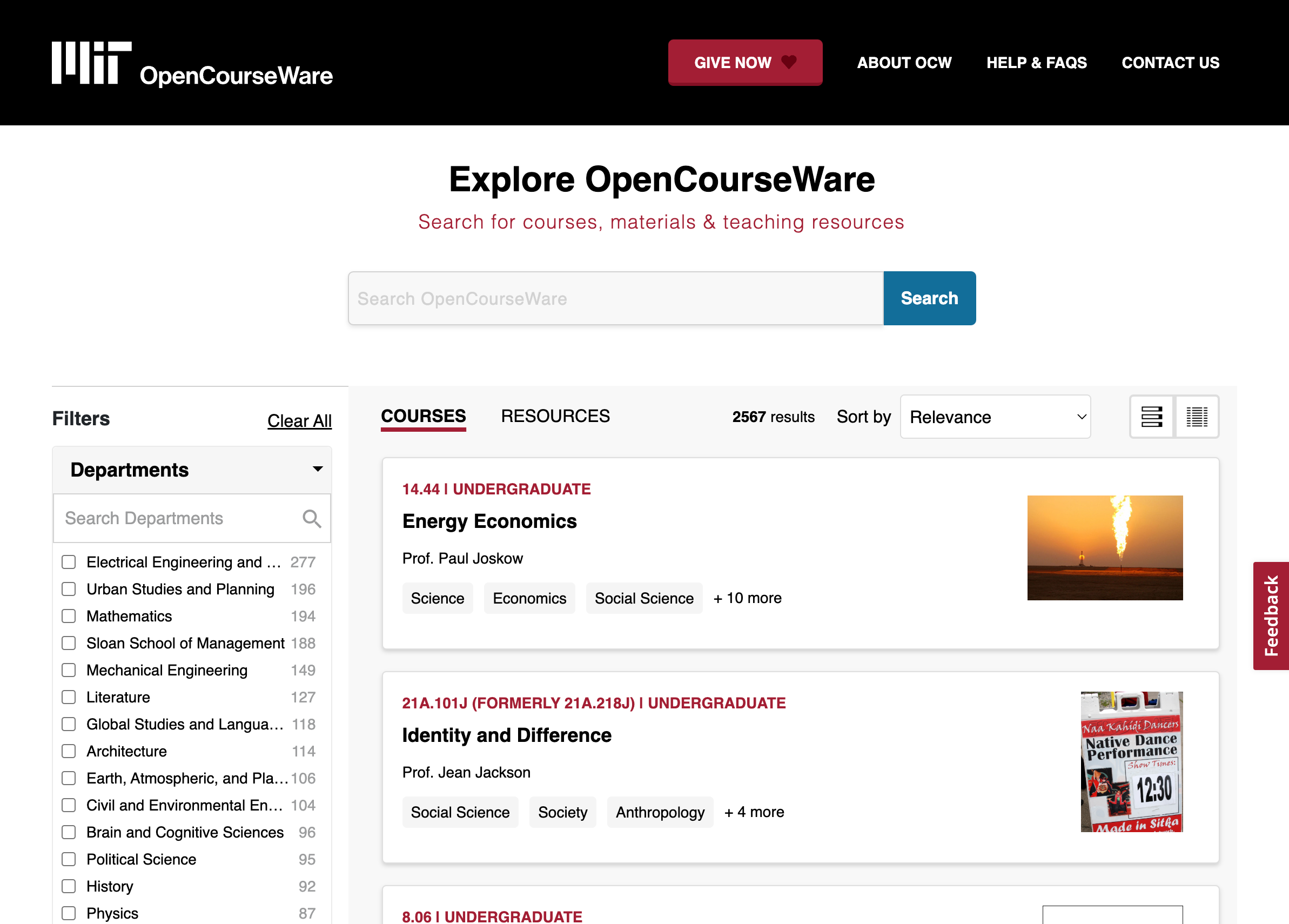 MIT OpenCourseWare browse course page