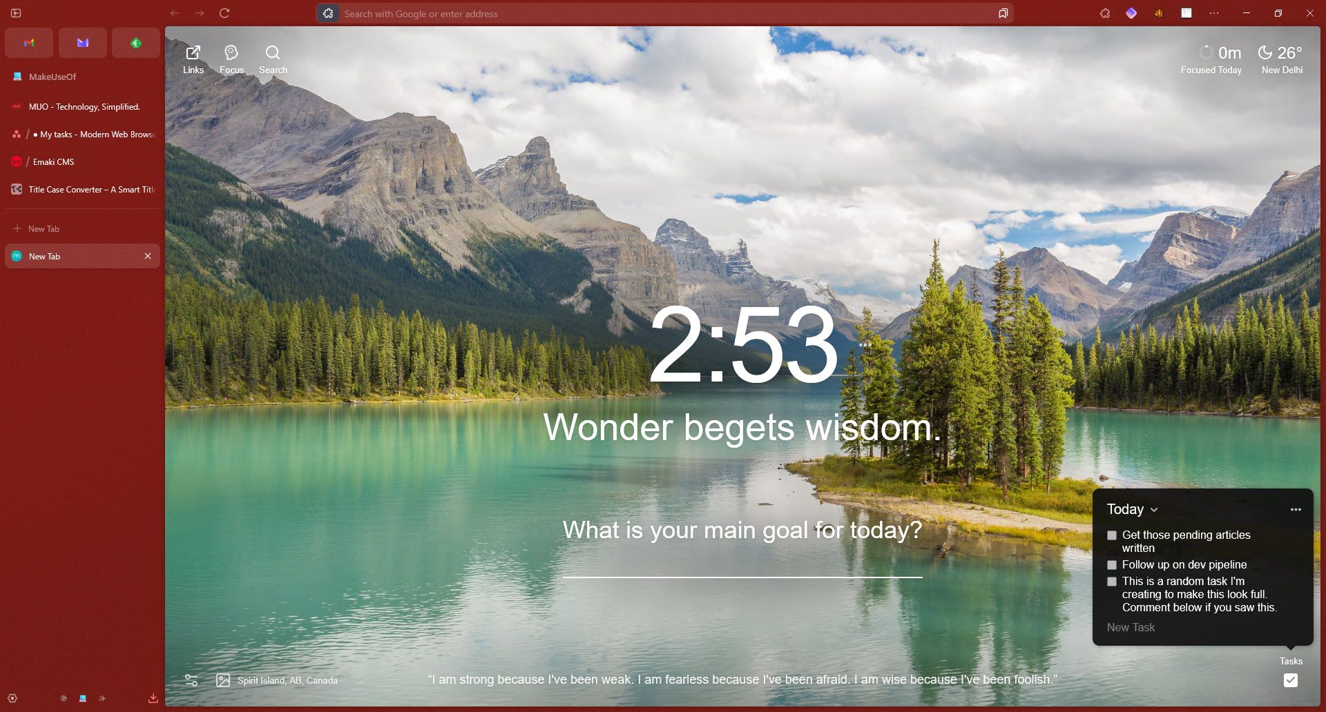 New tab page in the Zen browser