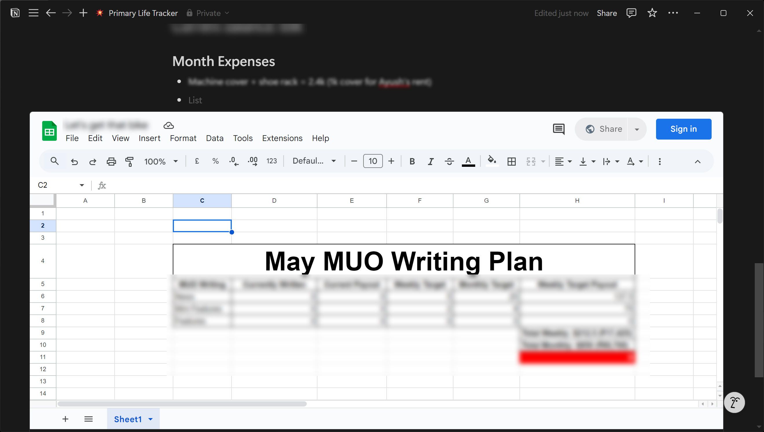 Google Sheets spreadsheet embedded in Notion