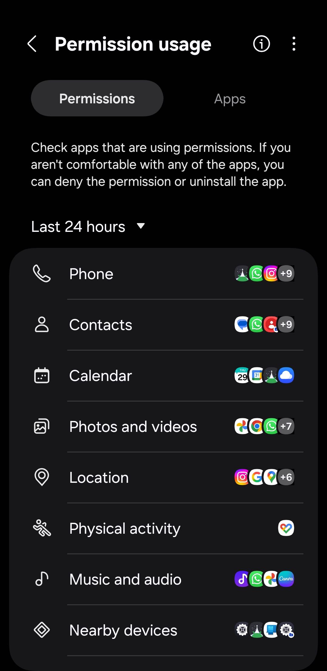 Permission usage menu on Samsung phone