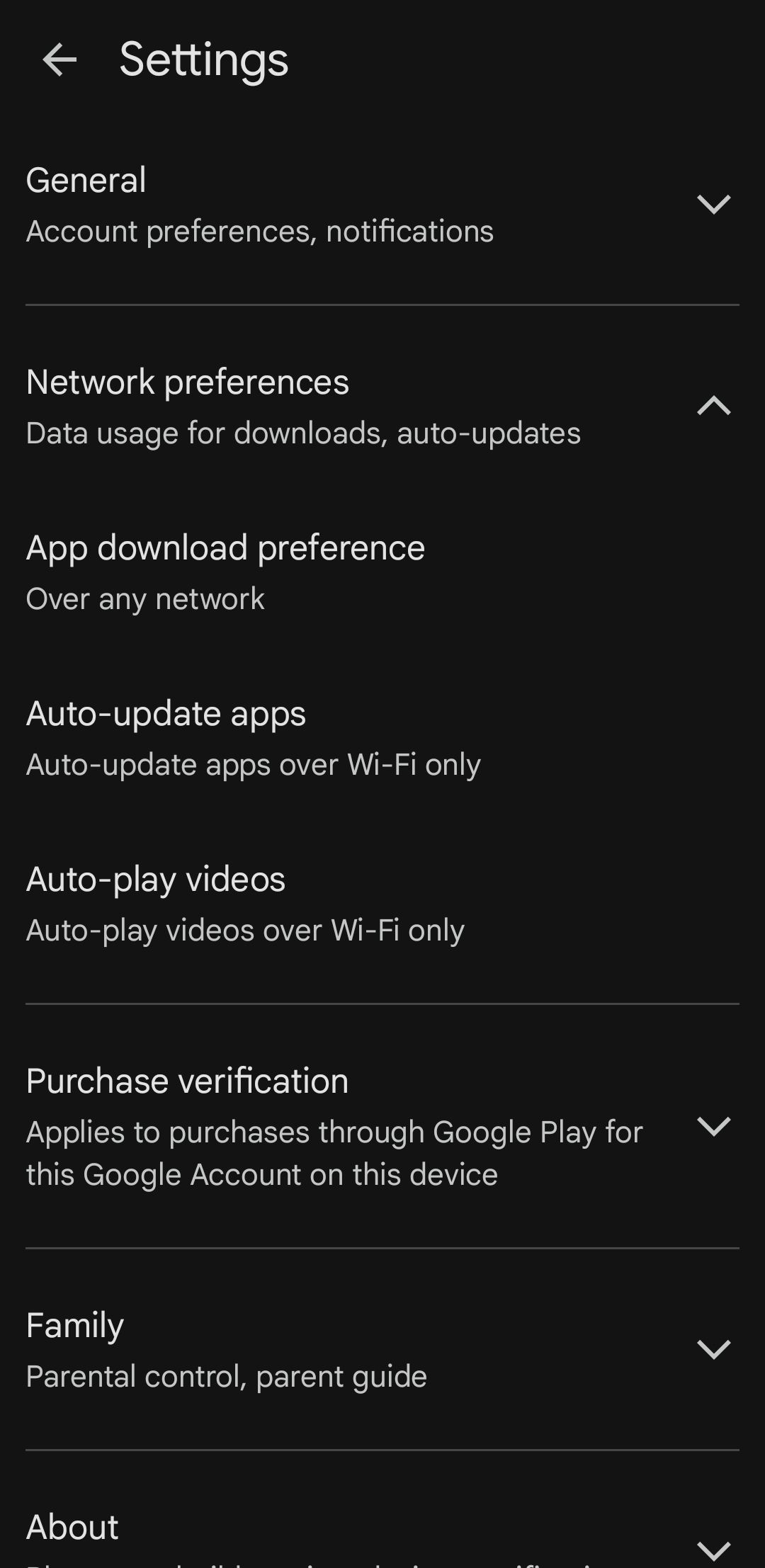 Play Store settings menu on Samsung phone