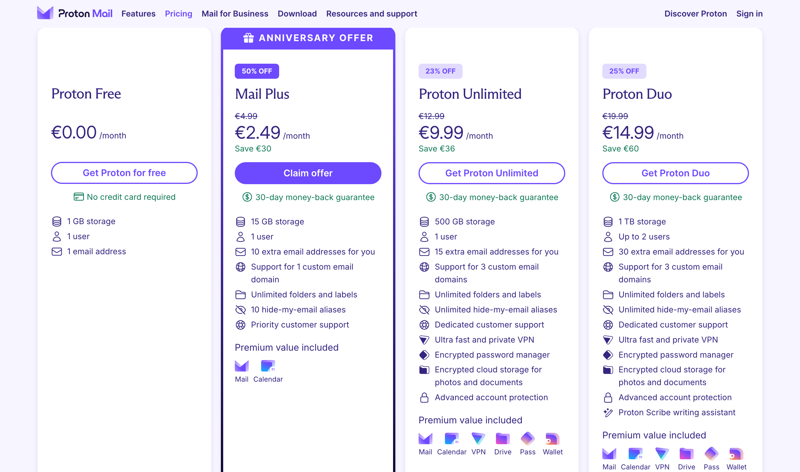 ProtonMail plans with various perks including Proton VPN