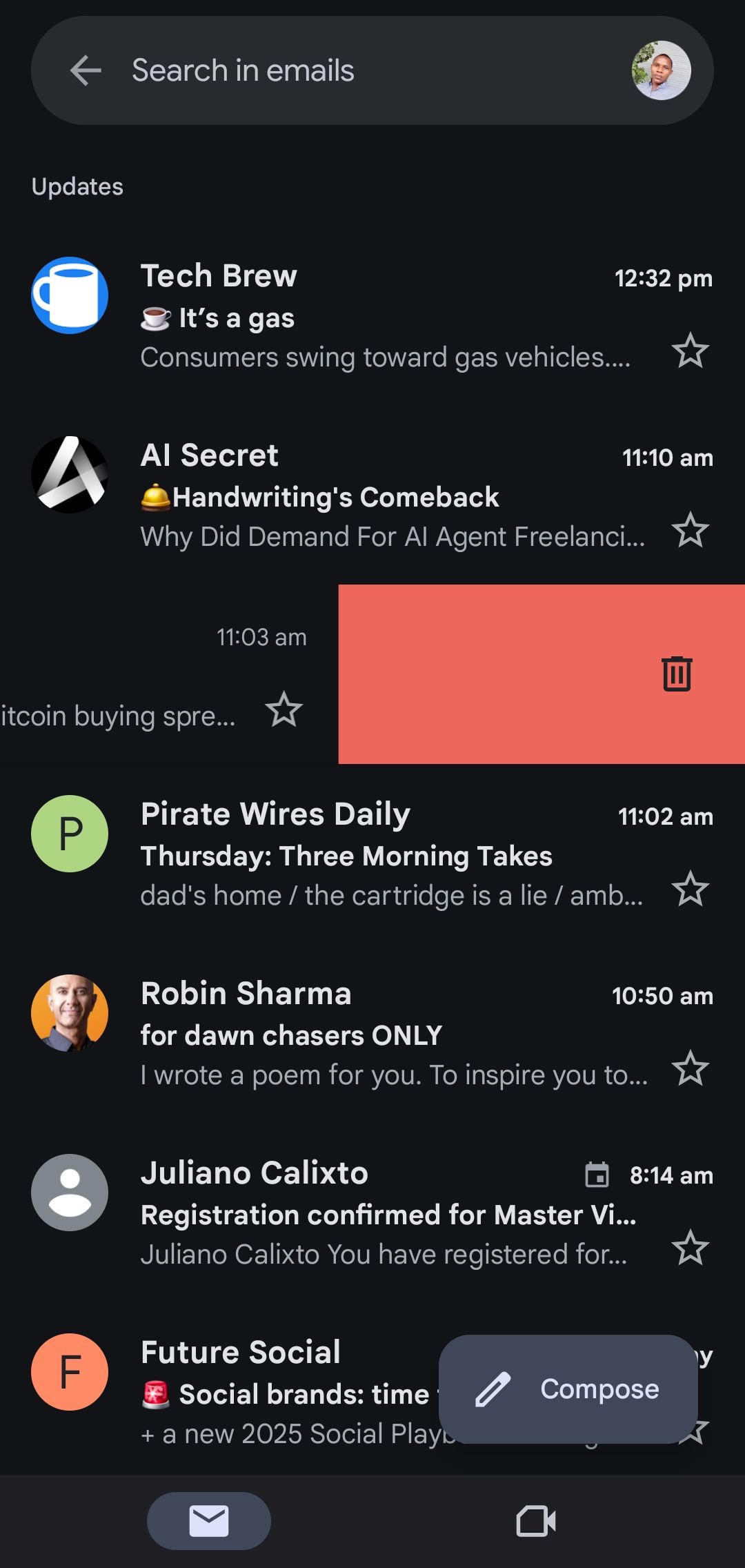Right swipe action on gmail