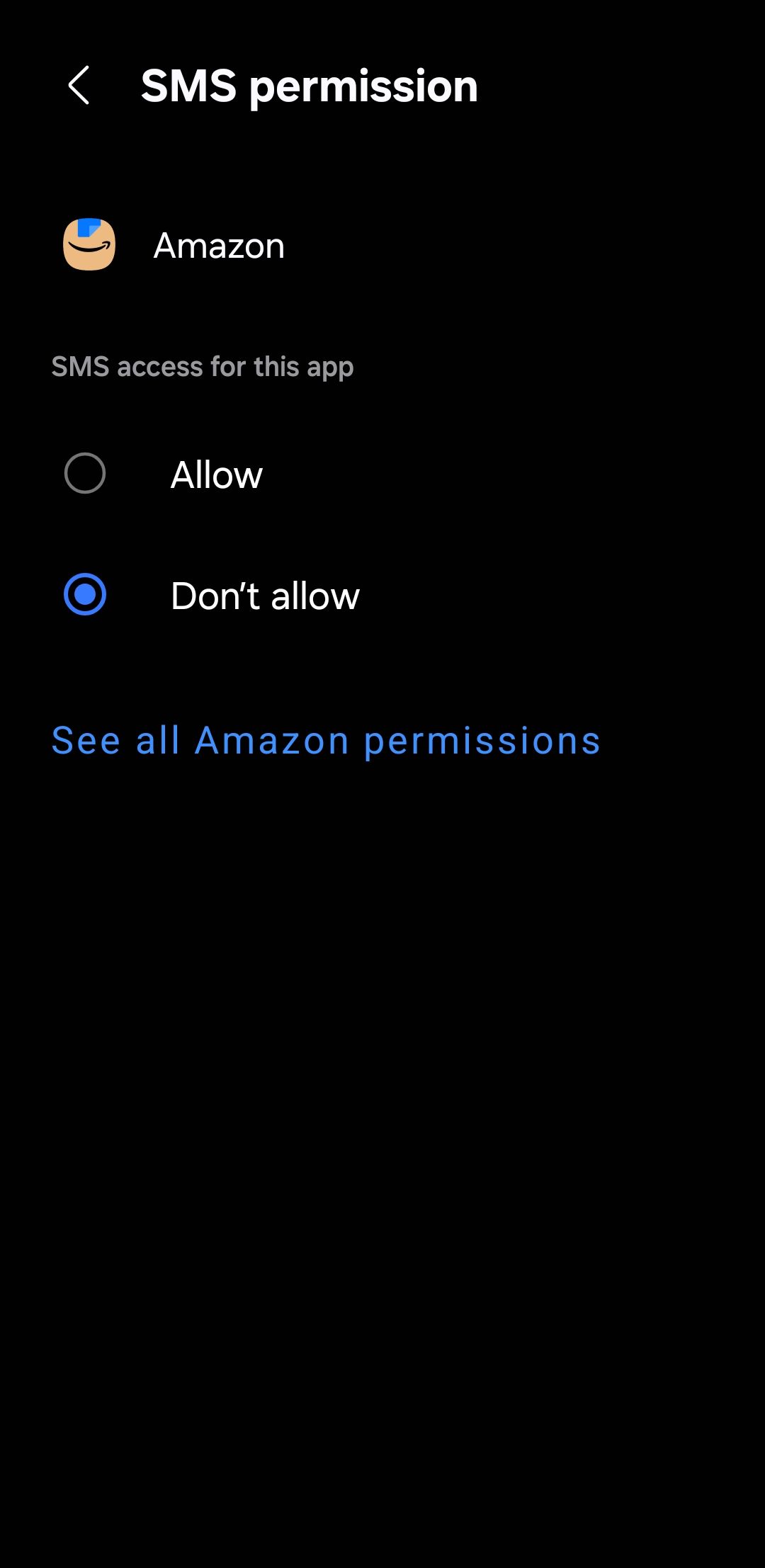SMS permission for Amazon app on Samsung phone