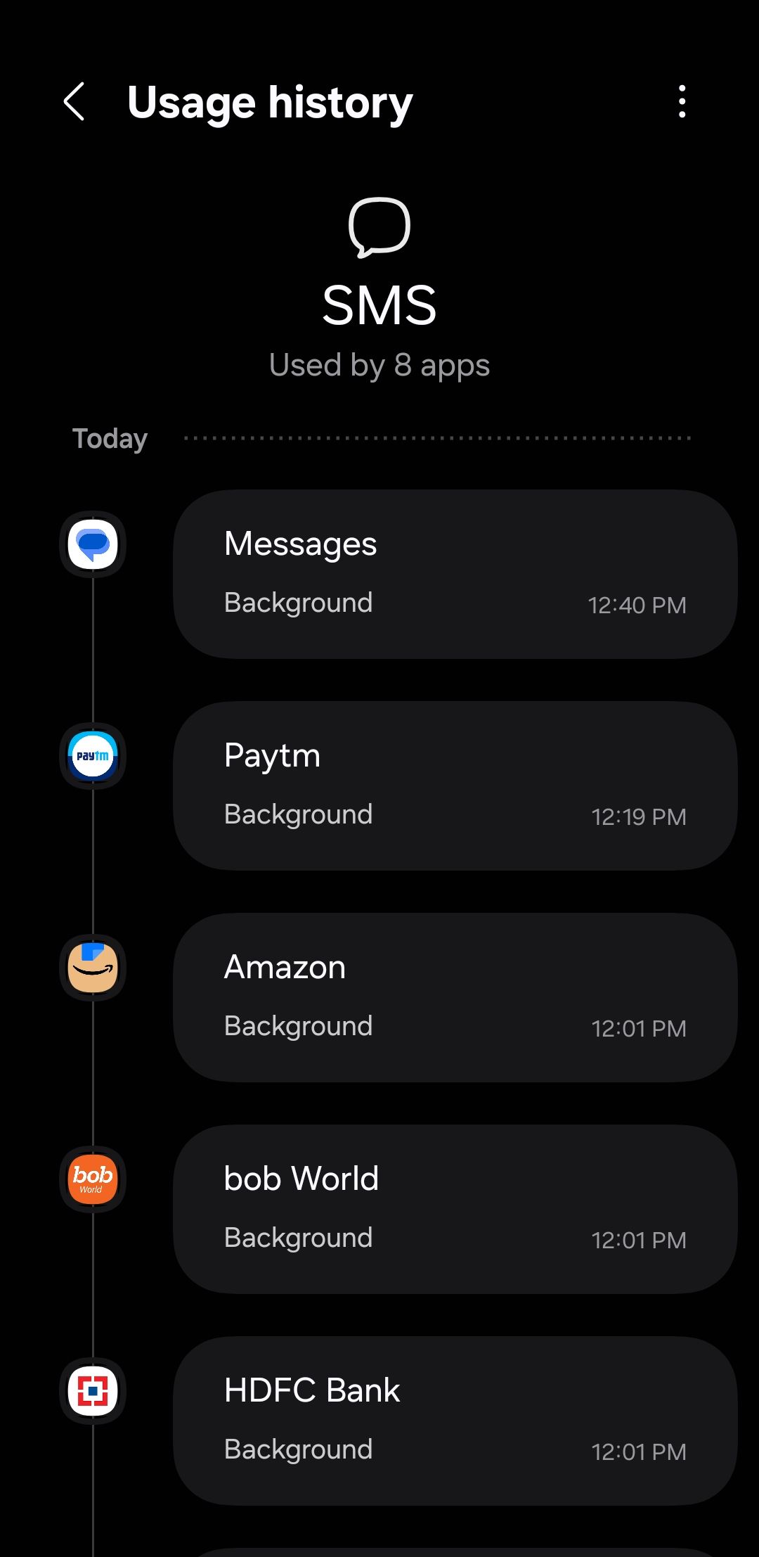 SMS permission usage menu on Samsung phone