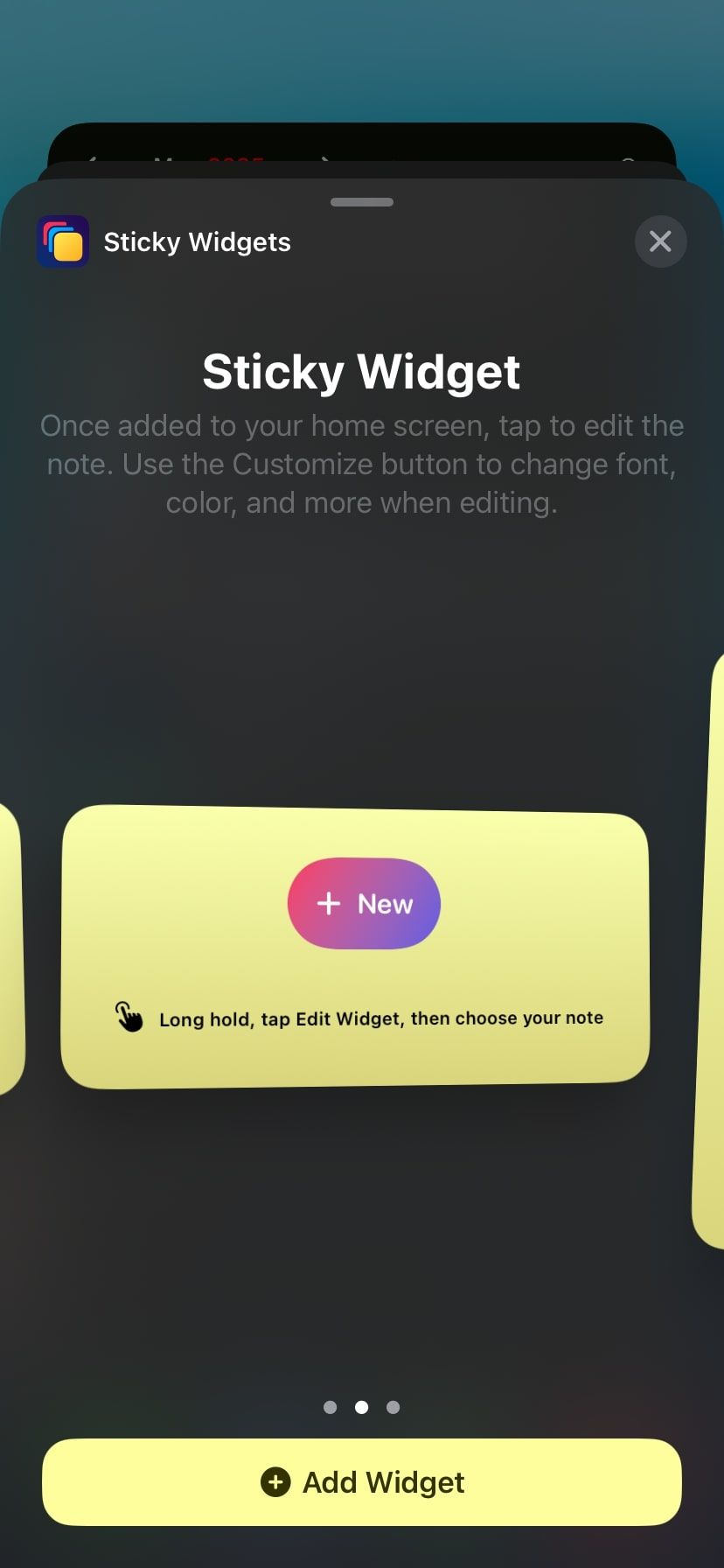 Виджет Sticky на странице виджетов