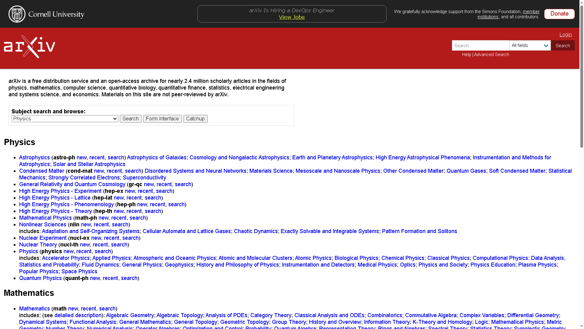 Arxiv website frontpage