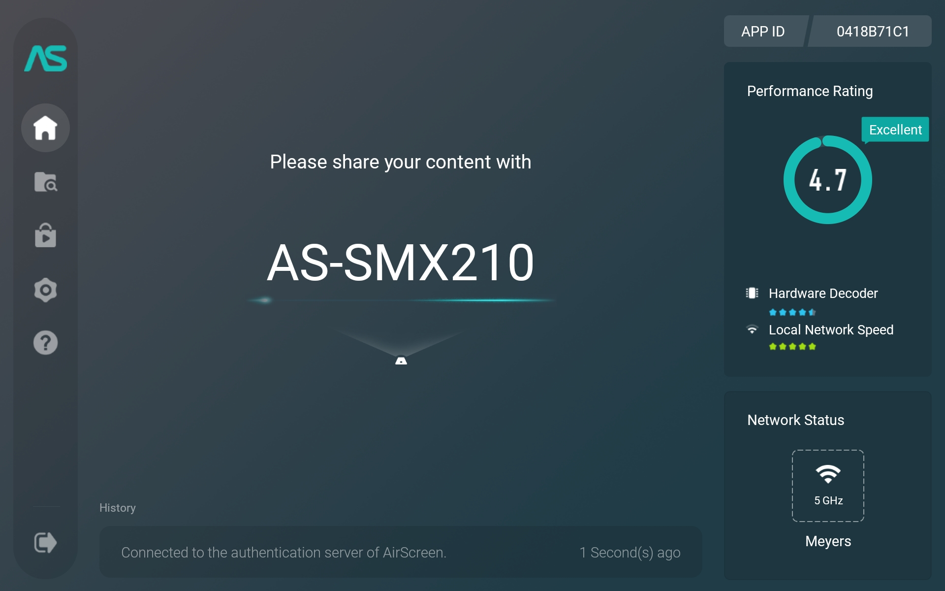 The homepage of the AirScreen app, with a performance rating on the right