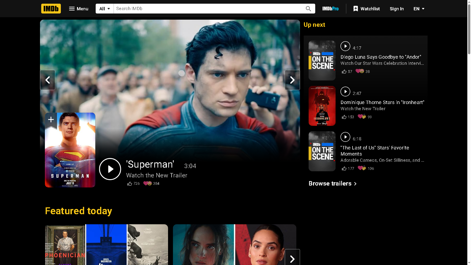 The main page of IMDB is characteristic of Superman