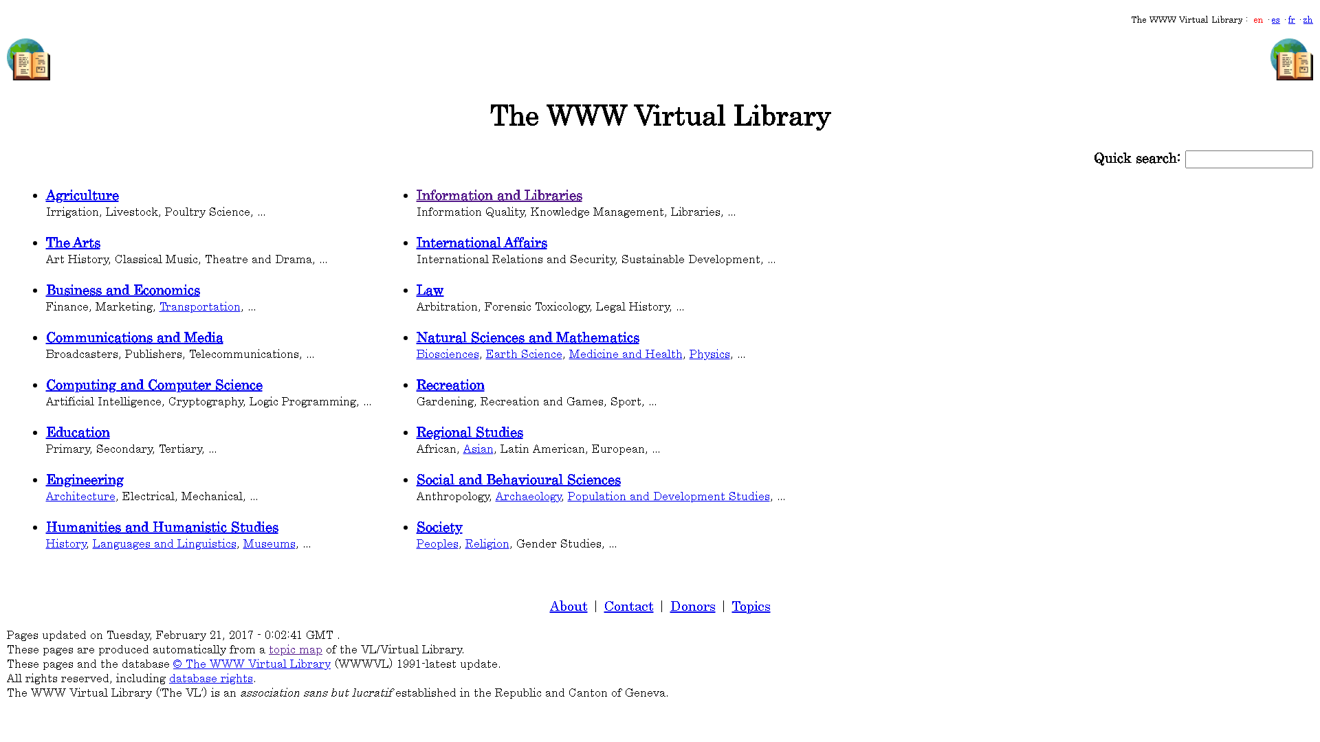 Main page of World Wide Web Virtual Library Website