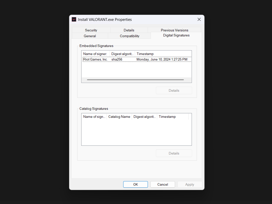 Valorant digital signatures in file properties.
